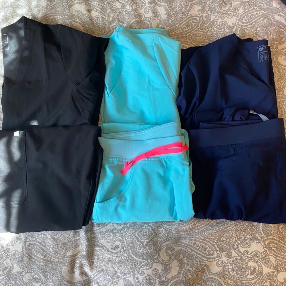 SET OF 3 FIGS scrubs. XL LONG black, navy, neon blue